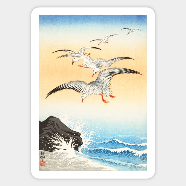 Five seagulls above turbulent sea (1900 - 1930) by Ohara Koson - Original Sticker by TEEPHILIC